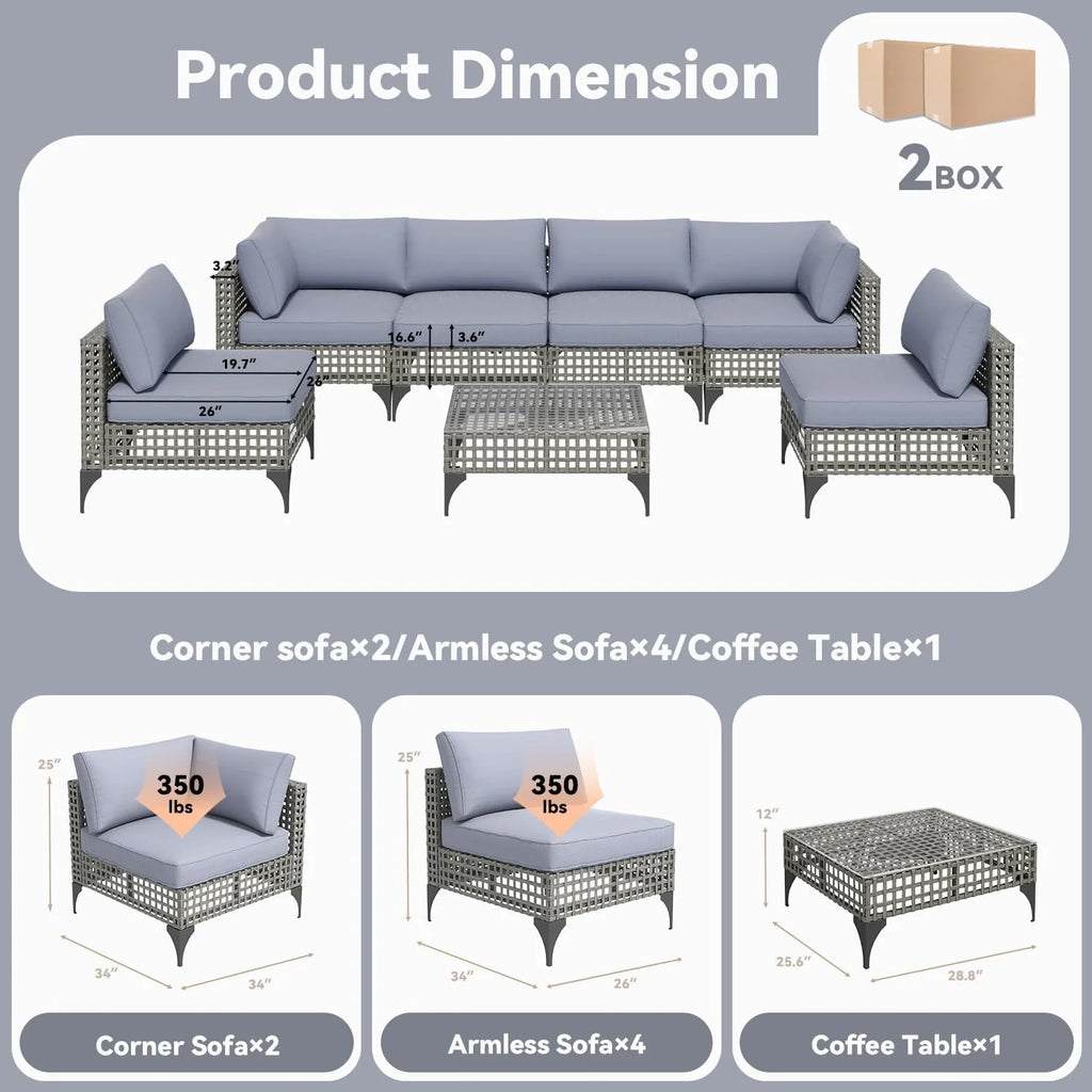AECOJOY 7-Piece Patio Outdoor Furniture Set, Boho Outdoor Sectional Set, Grey&Blue