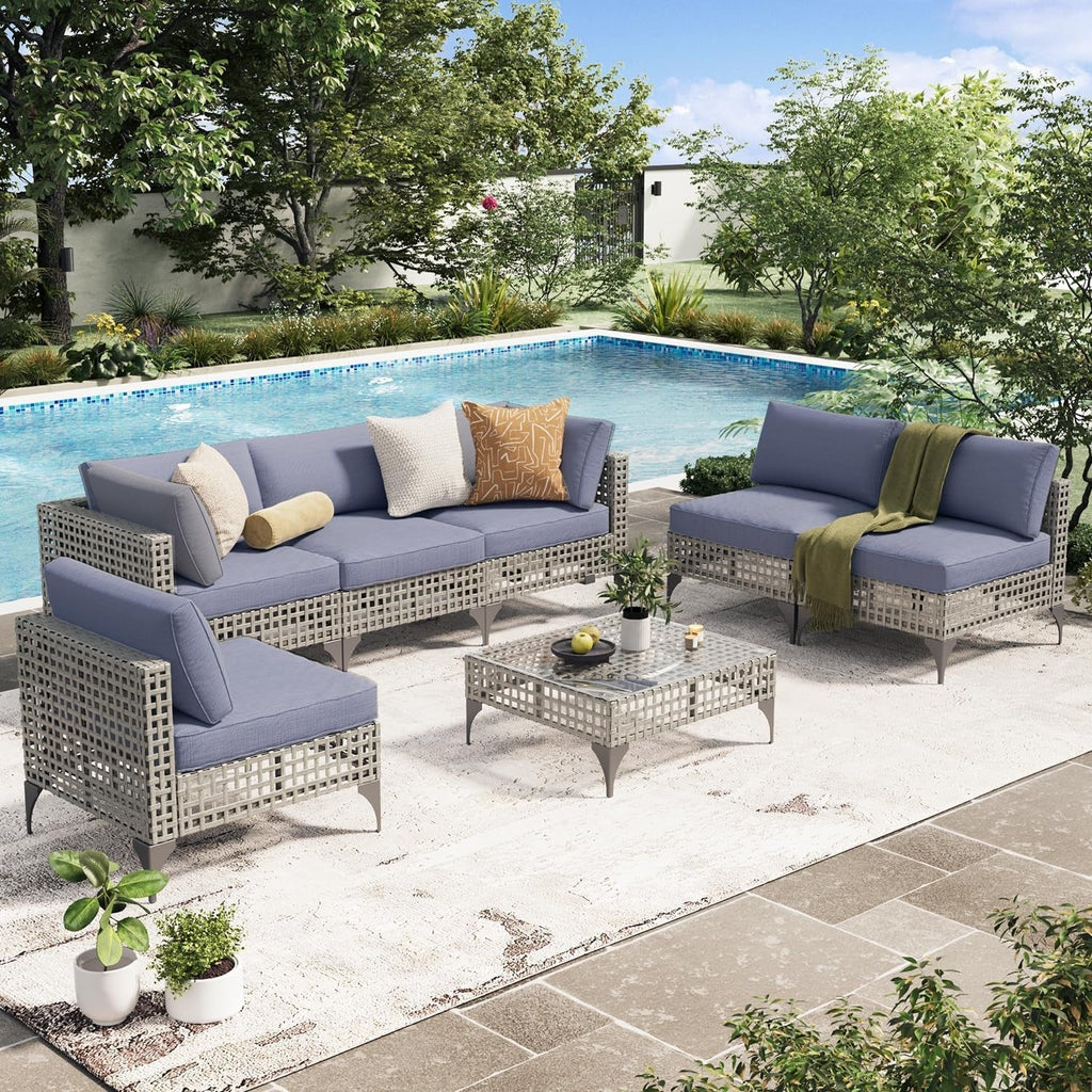 AECOJOY 7-Piece Patio Outdoor Furniture Set, Boho Outdoor Sectional Set, Grey&Blue